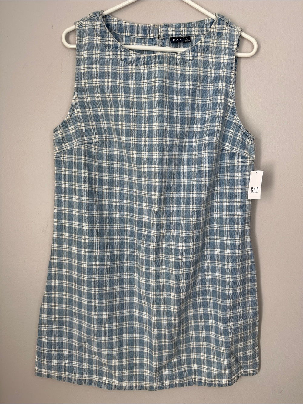 GAP Blue and White Plaid Denim Sleeveless Shift Dress size L NWT